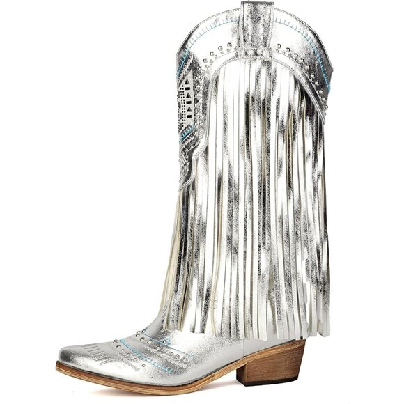 Women's Silver Wide Calf Embroidered Tassal Cowgirl Boot Knee High Snip Toe - Picture 2 of 6